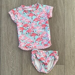 Ruffle Butts Pink Flamingo Kids Rashguard swimsuit tankini size 4T